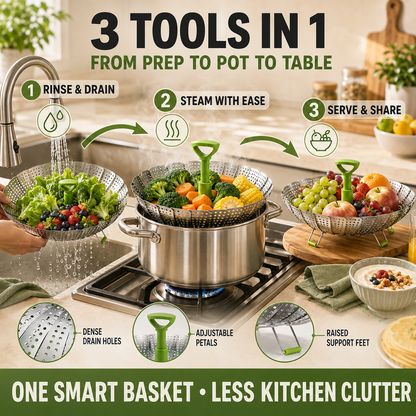 🥦 Multi-Functional Collapsible Veggie Steamer Basket, Strainer & Serving Bowl 🍲