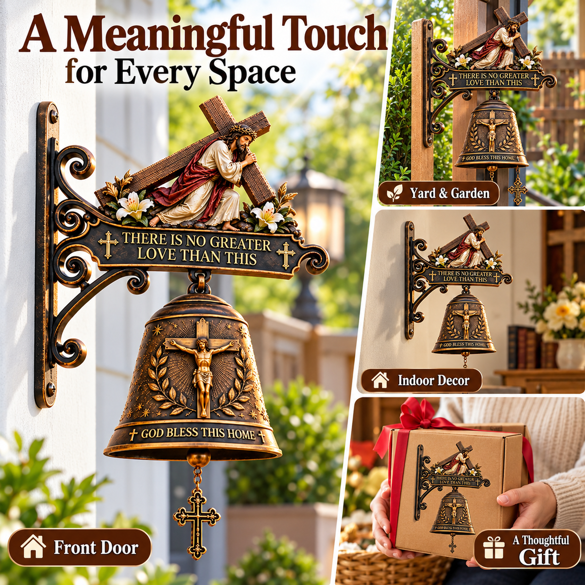 ✝️ Jesus Cross Christian Hanging Bell | “God Bless This Home” Rustic Faith-Inspired Door & Porch Decor