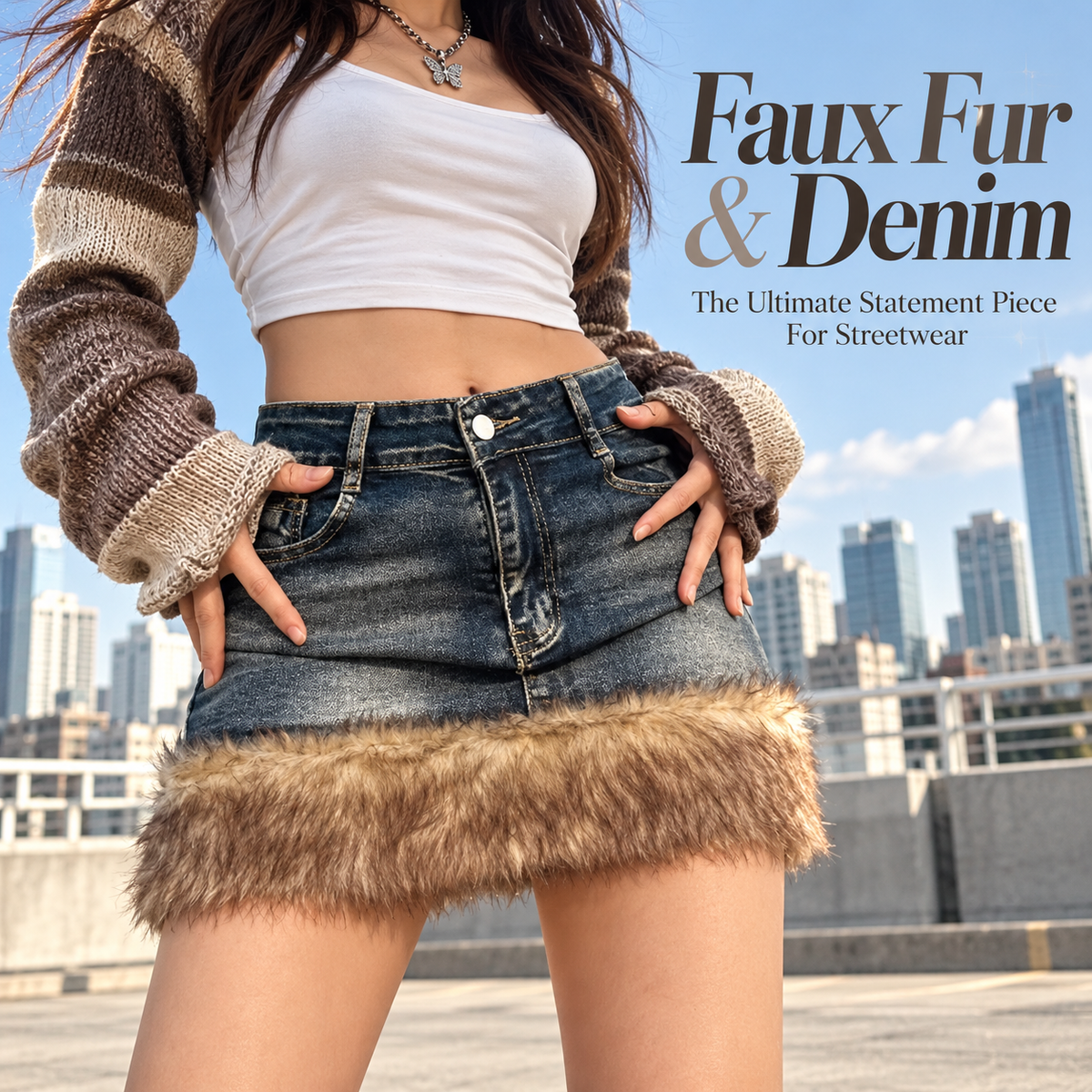 Y2K Vintage Faux Fur Trimmed Denim Mini Skirt