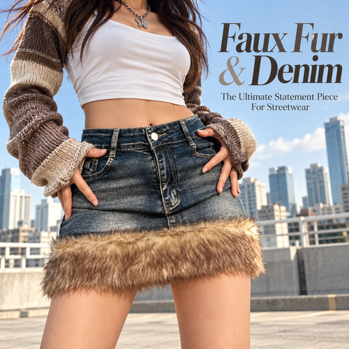 Y2K Vintage Faux Fur Trimmed Denim Mini Skirt