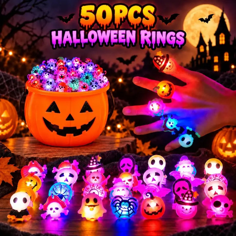 🎃 50PCS Light-Up Halloween Rings for Kids