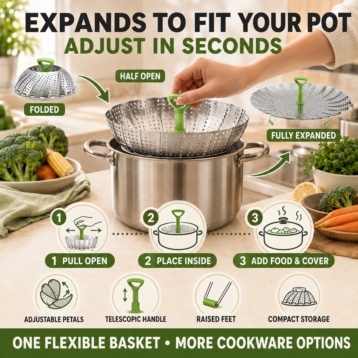 🥦 Multi-Functional Collapsible Veggie Steamer Basket, Strainer & Serving Bowl 🍲