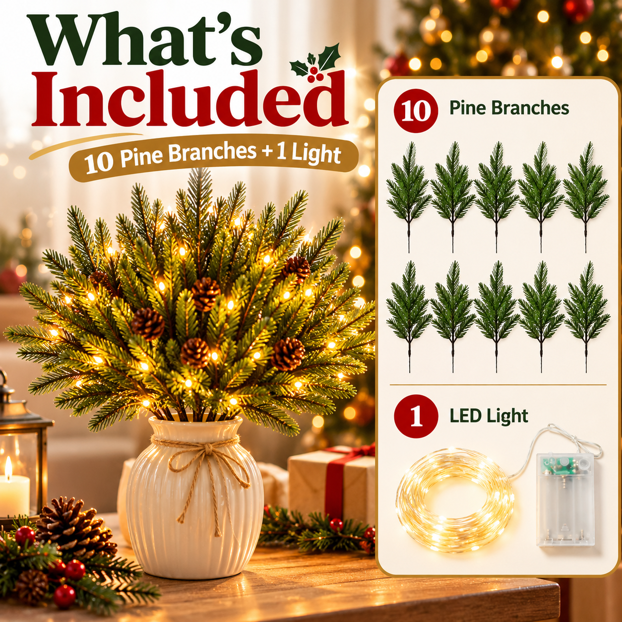 10 Pine Branches + 1 Light String