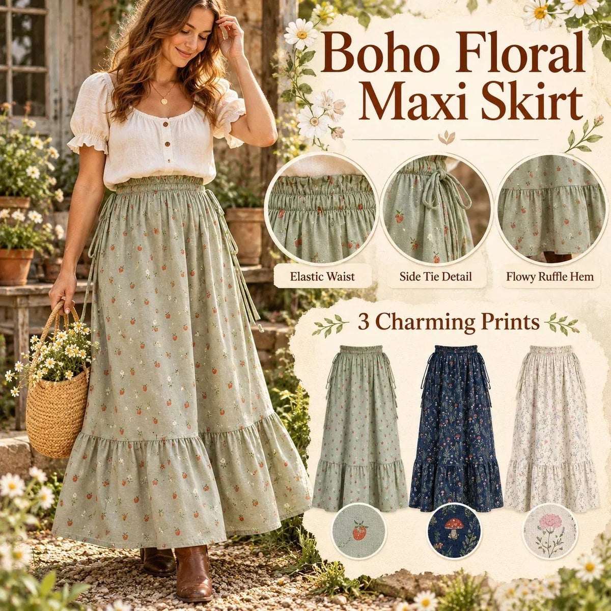 🌸 Boho Floral Maxi Skirt – One Size
