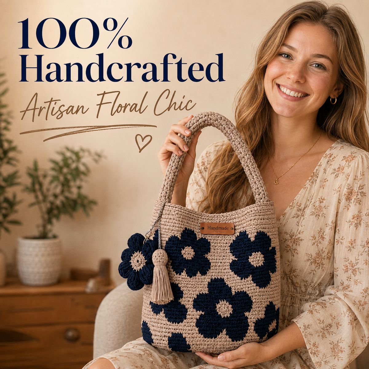 Handmade Crochet Floral Bucket Tote Bag | Chic Boho Knit Shoulder Bag 👜🌸